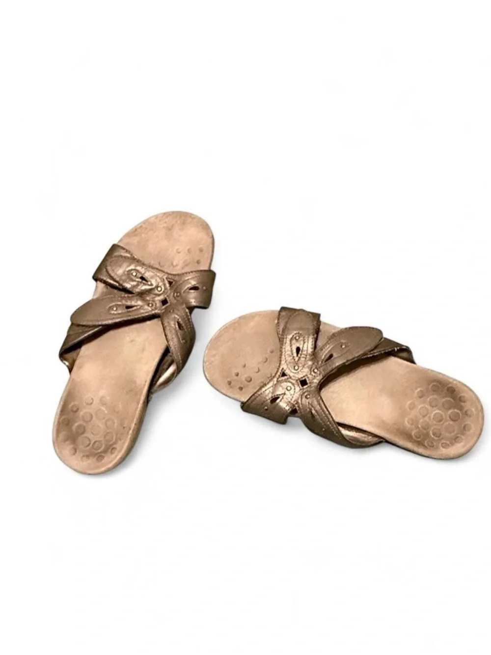 $120 - Vionic Bronze Metallic Floral Slide Sandals – Women’s Size 8